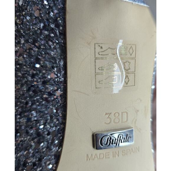 Womens Buffalo London Heels Glitter Silver Leather Lining Shoes SZ EU 38D/US 7.5 - Picture 9 of 9